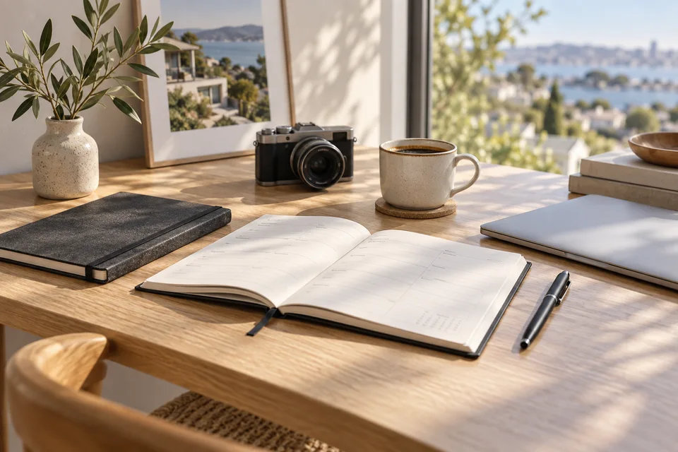 A content planning workspace with notebook and camera