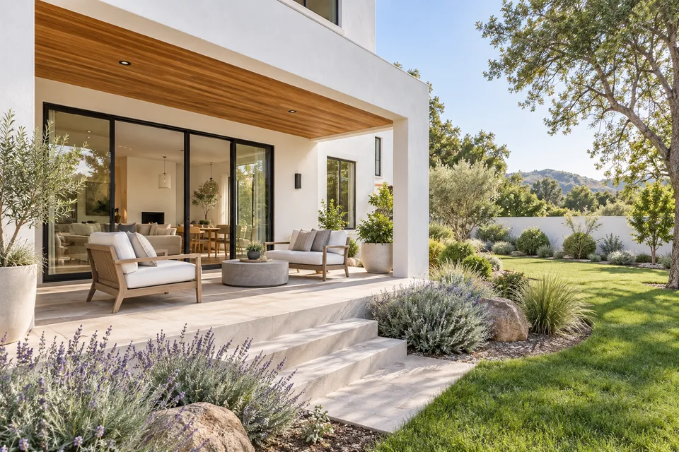 Illustrative contemporary home and covered patio